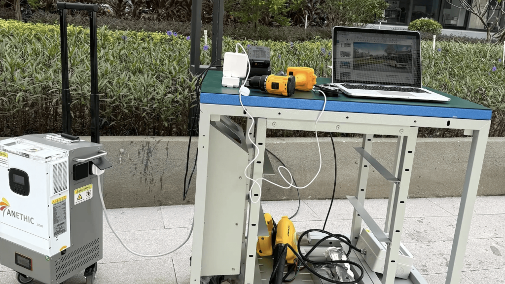 Portable power setup with laptop and tools.