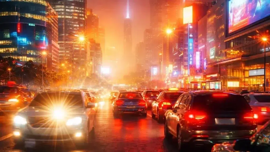 Busy city street at night