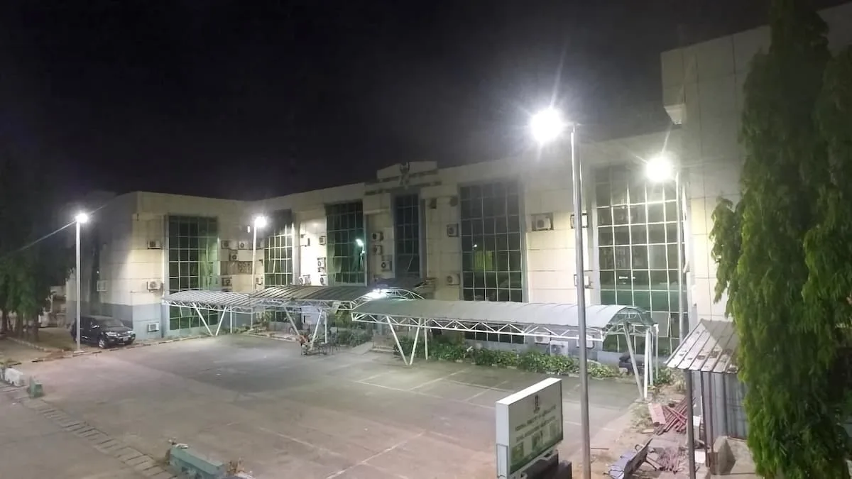 Illuminated building at night.