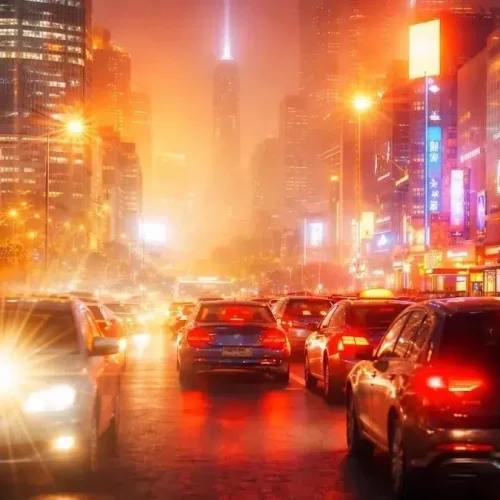 Busy city street at night